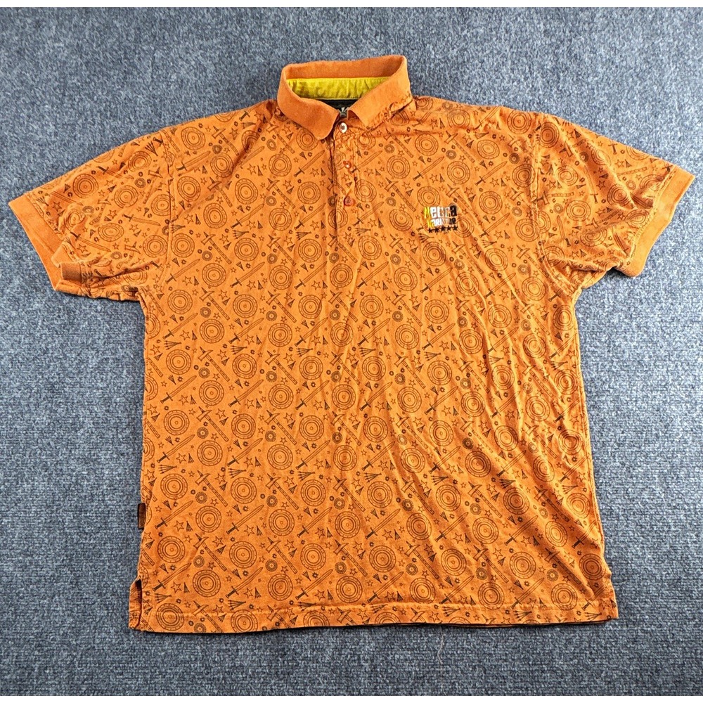 Vintage Mecca USA Warrior All Over Print Polo Shirt Orange Y2K Hip Hop Men's L
